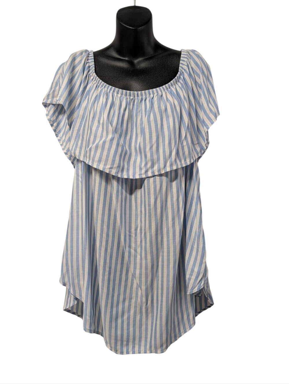 Maitai 2X Blue White Stripe Ruffle Off Shoulder Puff Sleeve Blouse NWT